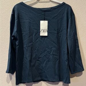 ZARA Long Sleeve Boat Neck Top Size Small NWT Dark Blue Minimalist Soft Stretch